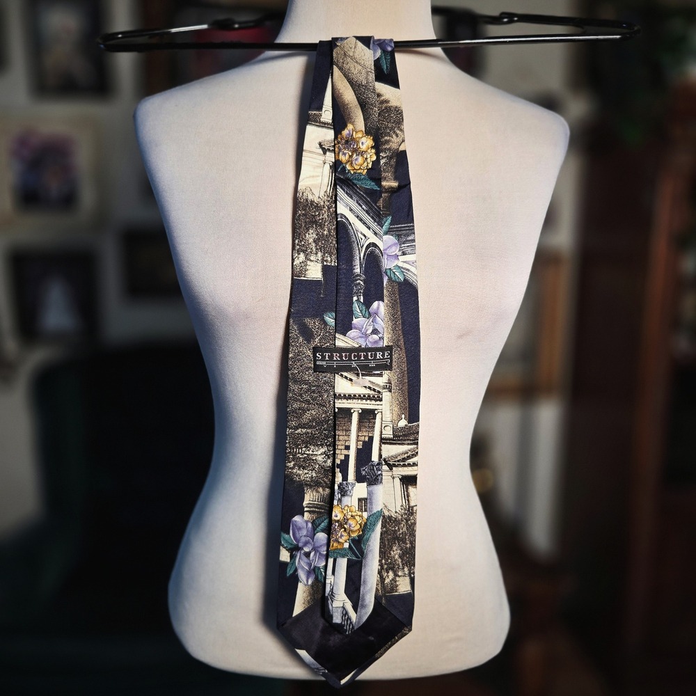 Structure Silk Tie Vintage 90s Roman Architecture Greek Temple Floral Navy Blue - Picture 3 of 5